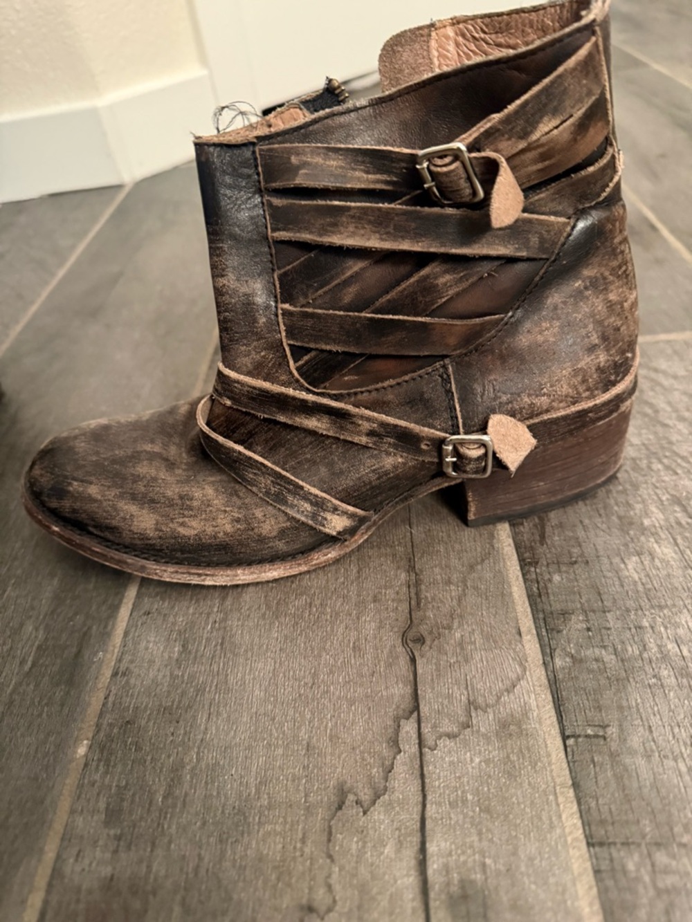 Freebird by Steven Brown Distressed Leather Strap Ankle Boots